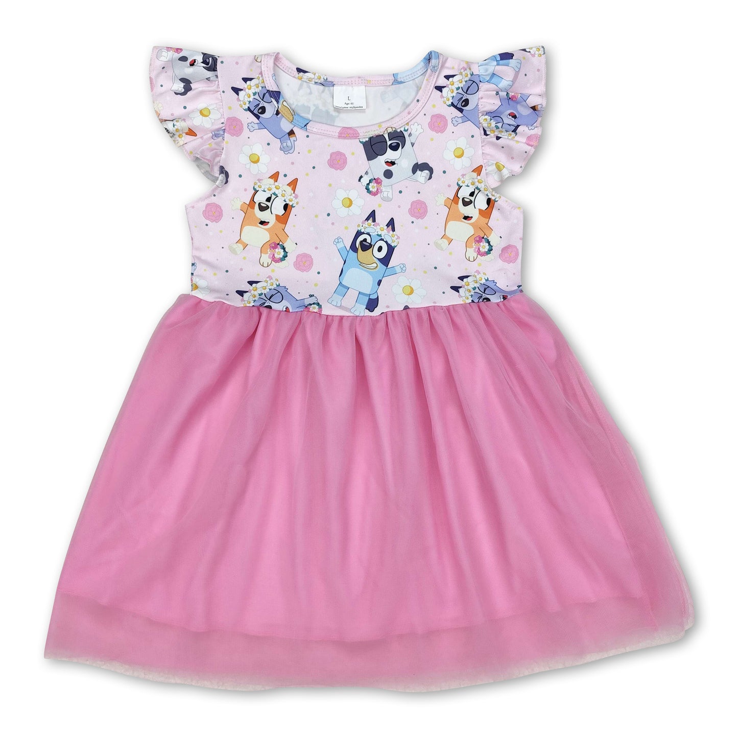 Flutter sleeves pink dog floral kids girls tulle dresses