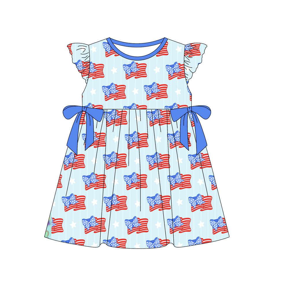 Flutter sleeves stars bow flag girls 4th of july dresses