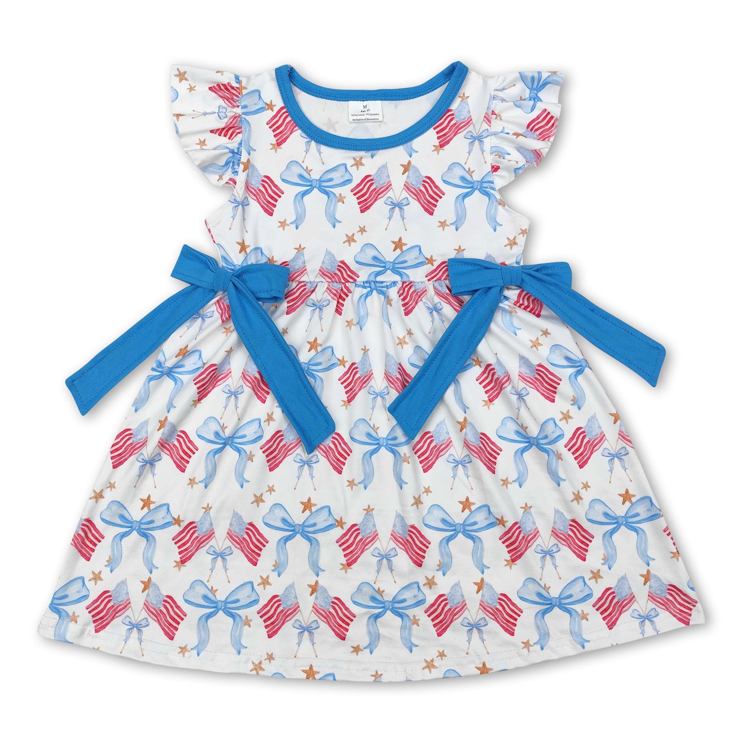 Flutter sleeves flag bow stars girls 4th of july dresses