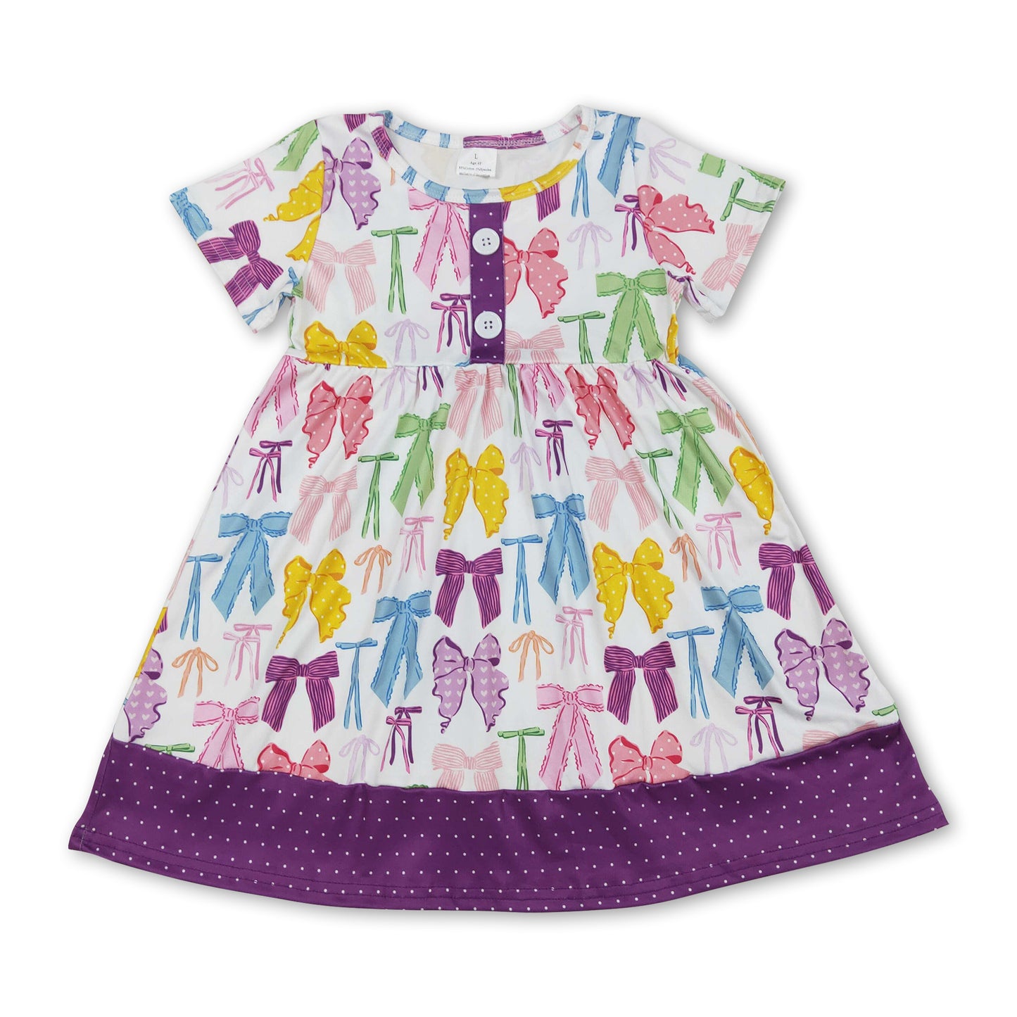Short sleeves bow purple polka dots girls summer dresses