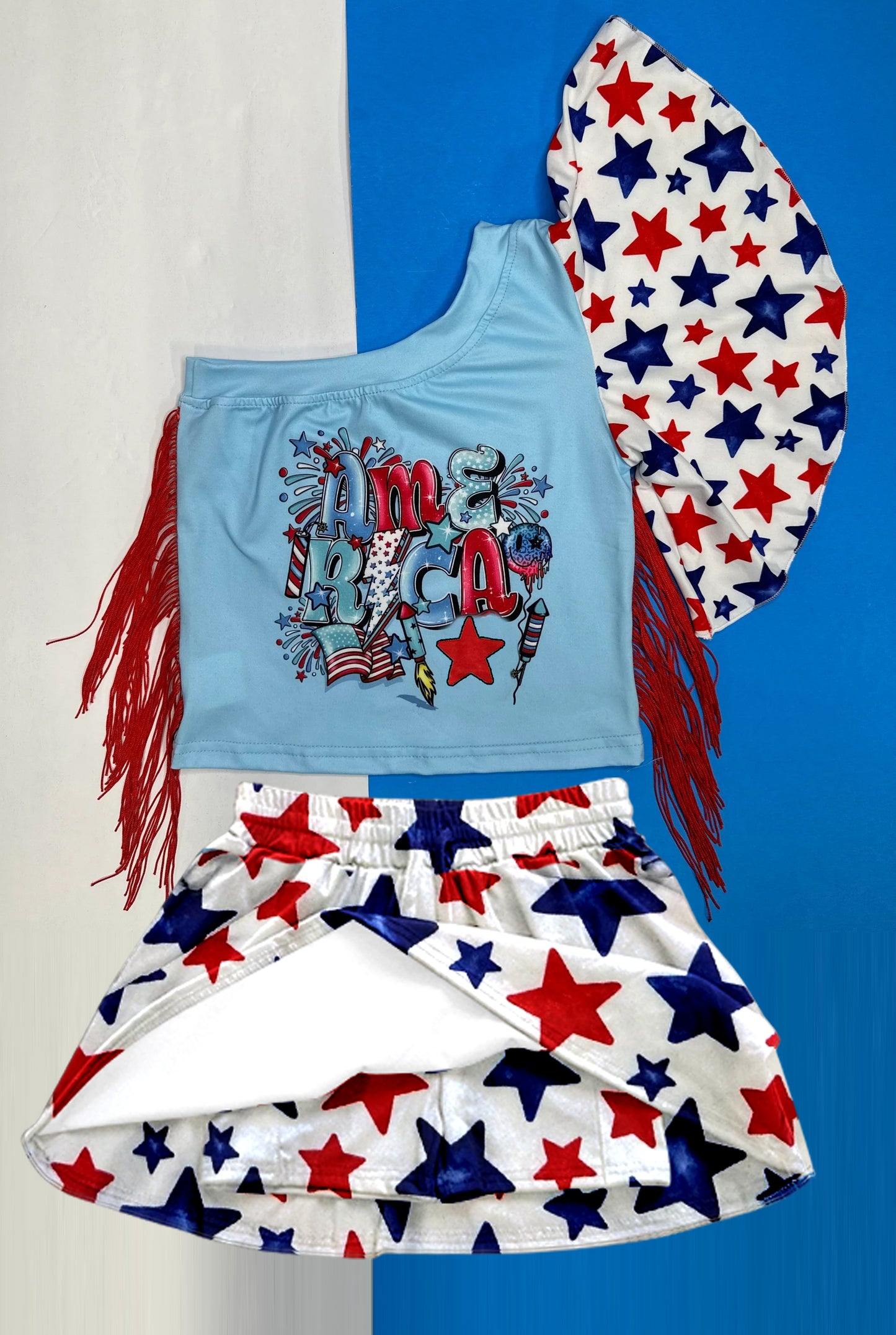 One shoulder America tassels top skirt girls 4th of july set