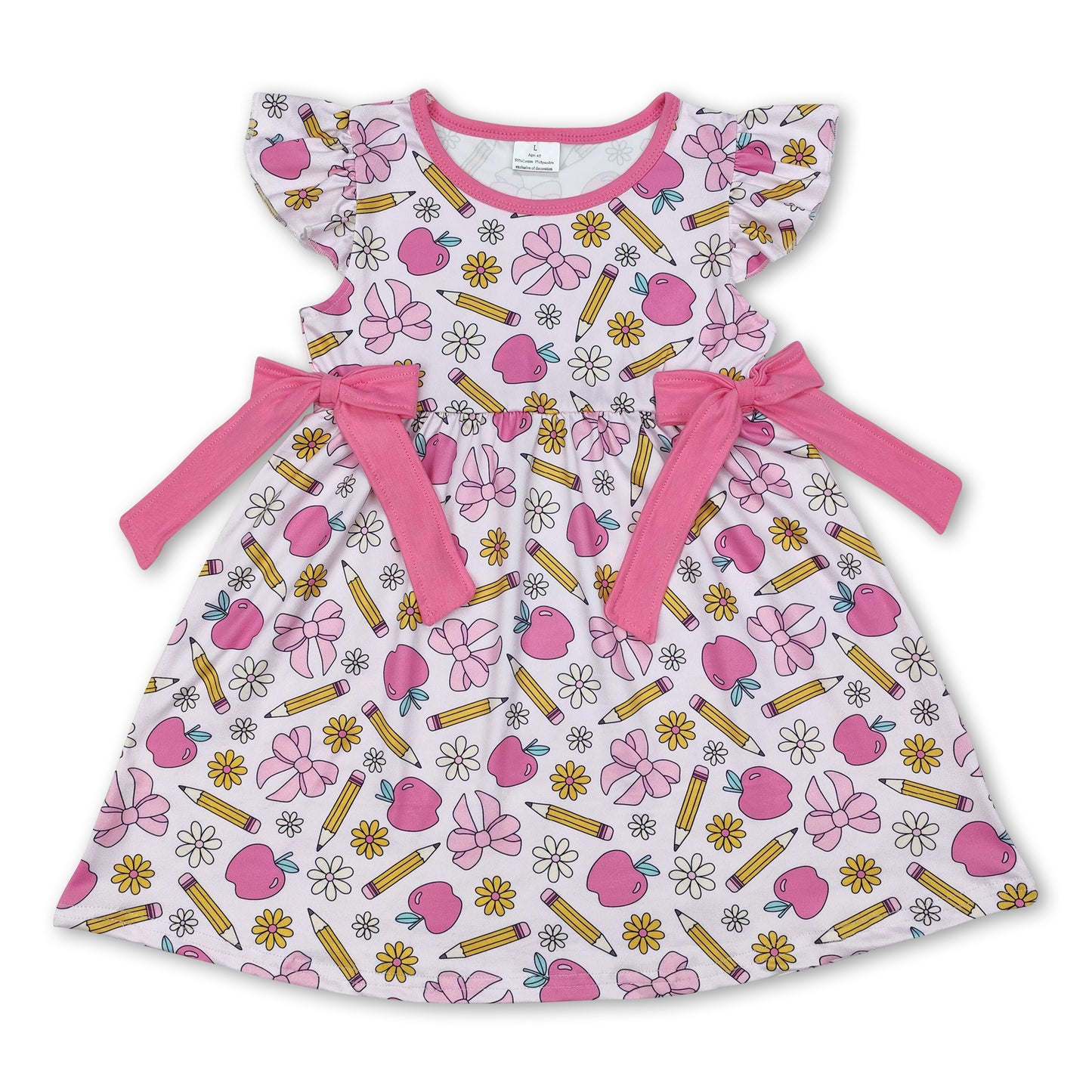 Pink flutter sleeves pencil bow girls back to school dress