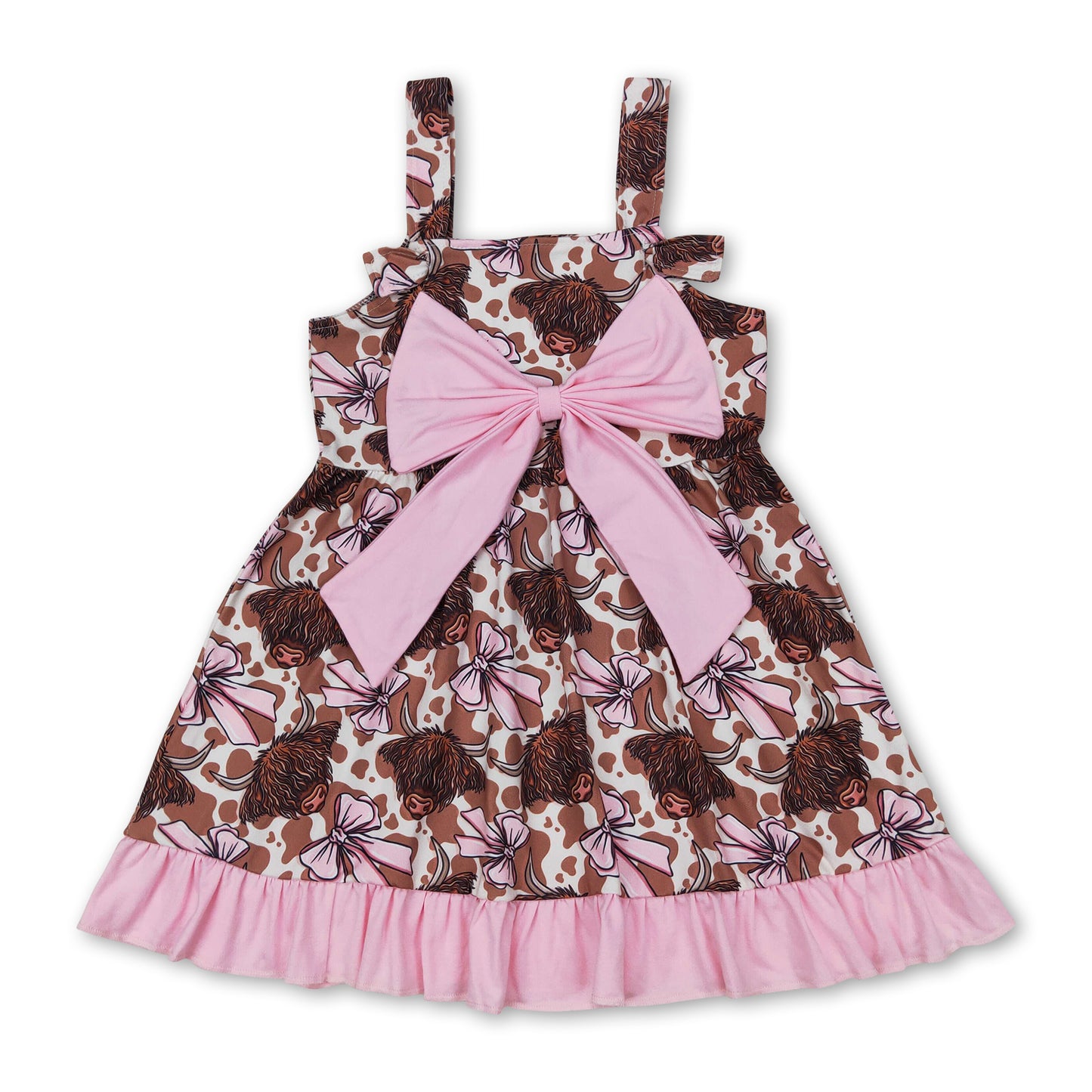 Straps highland cow bow ruffle western baby girls dresses