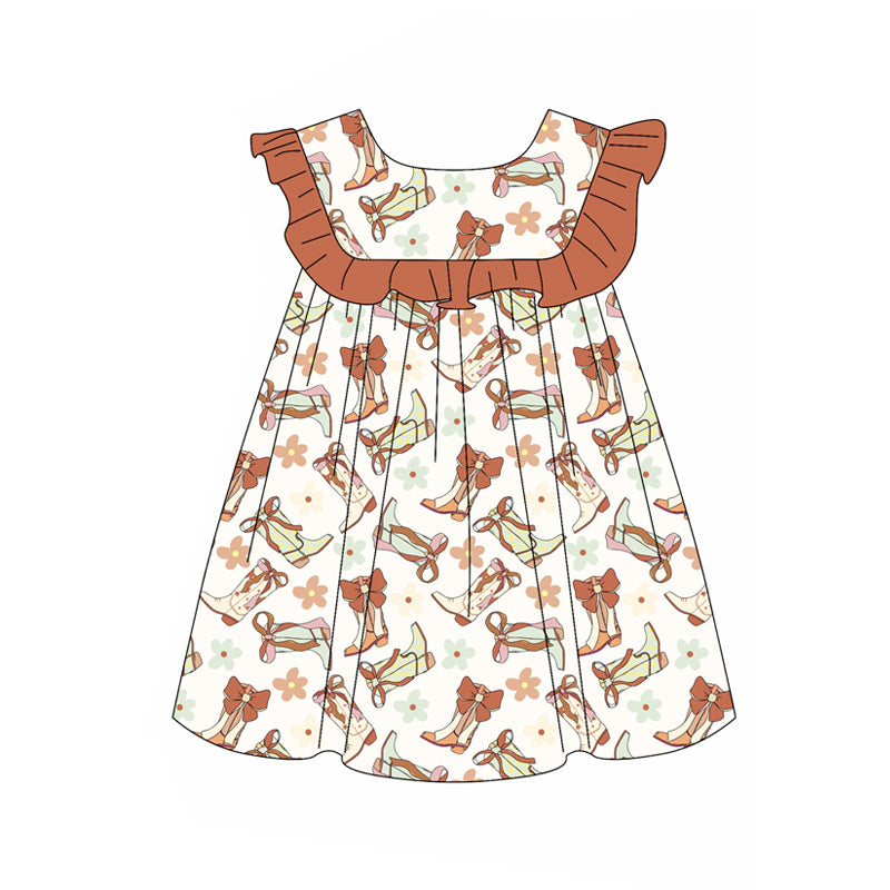 Brown ruffle boots floral western baby girls dresses