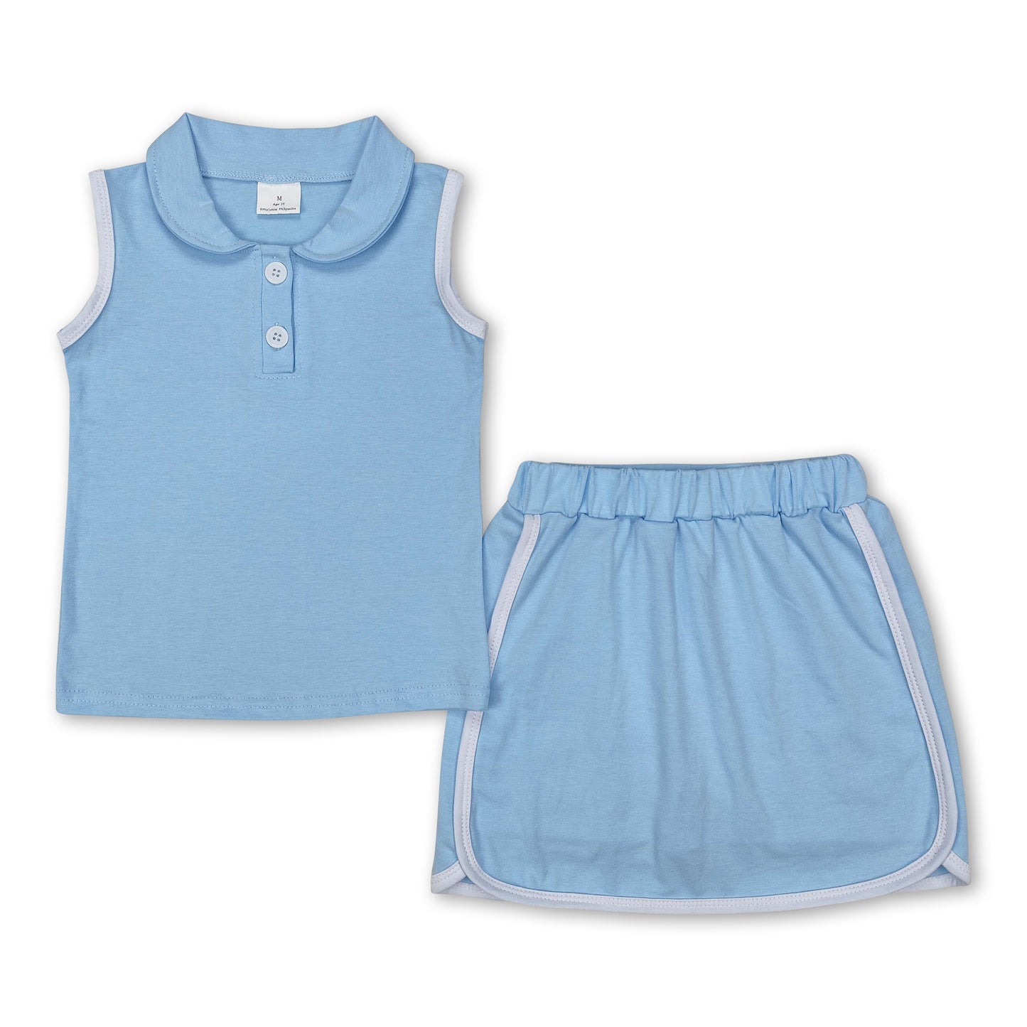 Light blue sleeveless polo shirt skirt cotton kids girls clothing set