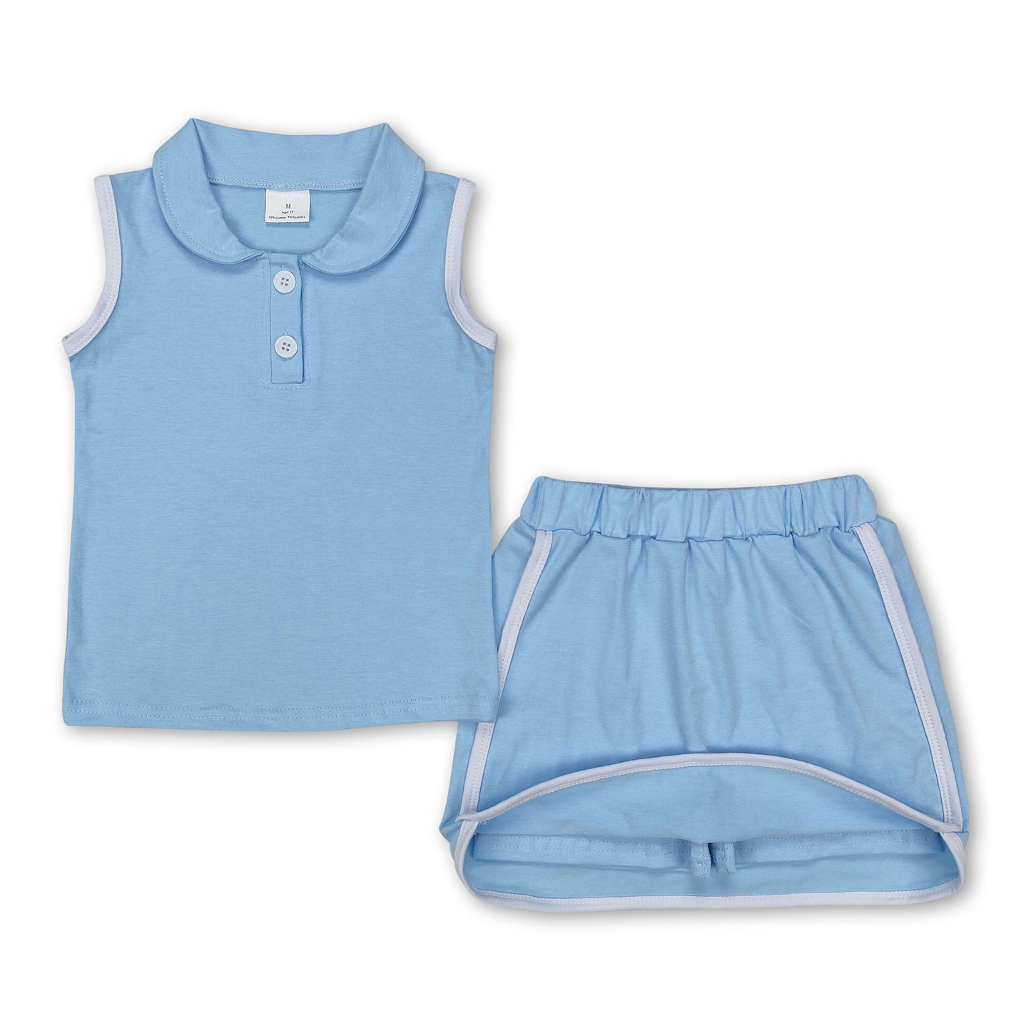 Light blue sleeveless polo shirt skirt cotton kids girls clothing set
