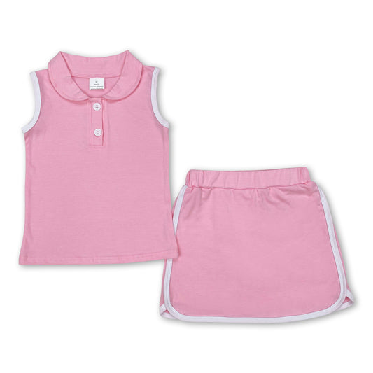 Pink sleeveless polo shirt skirt cotton kids girls clothing set ship from US