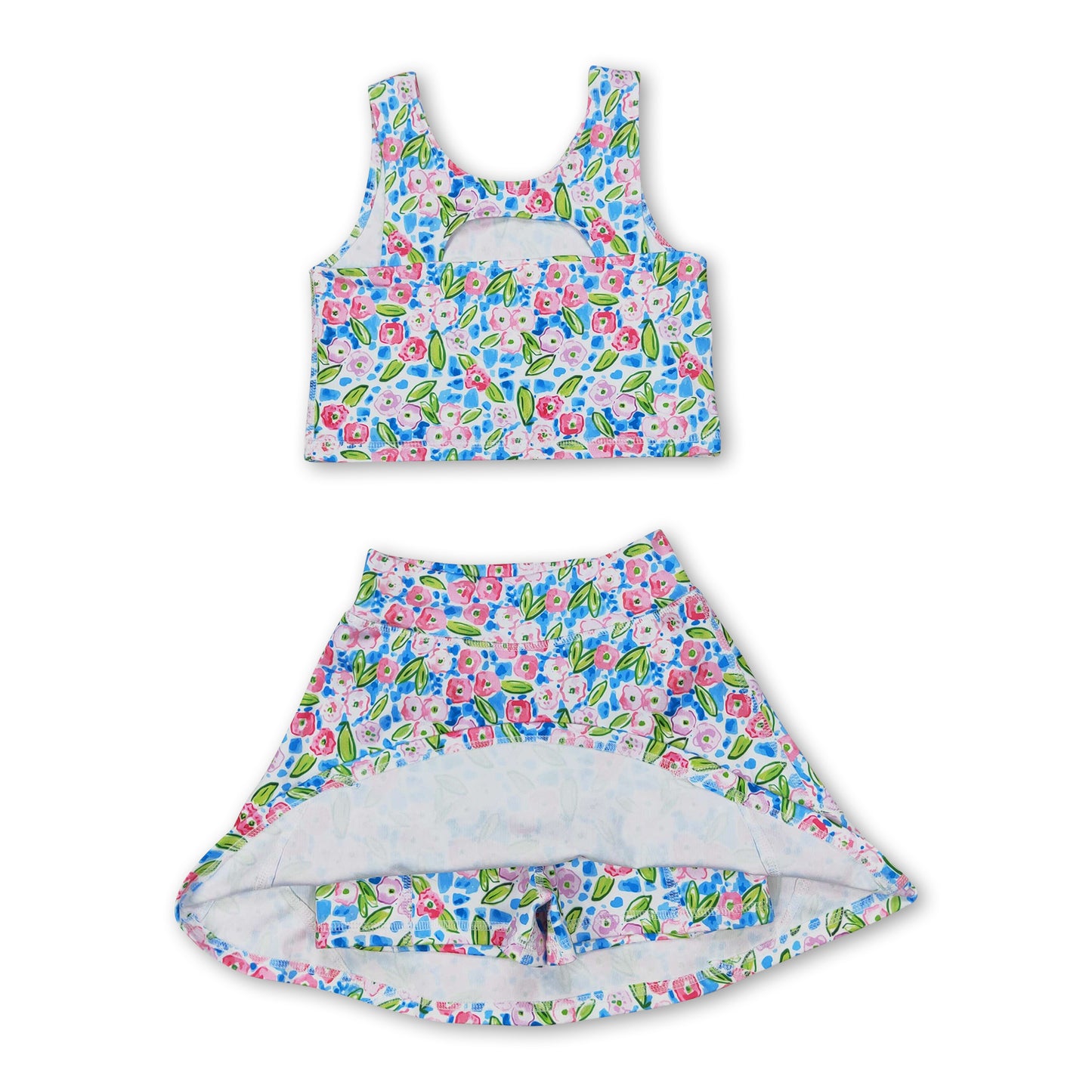 Blue sleeveless floral top skirt girls activewear set