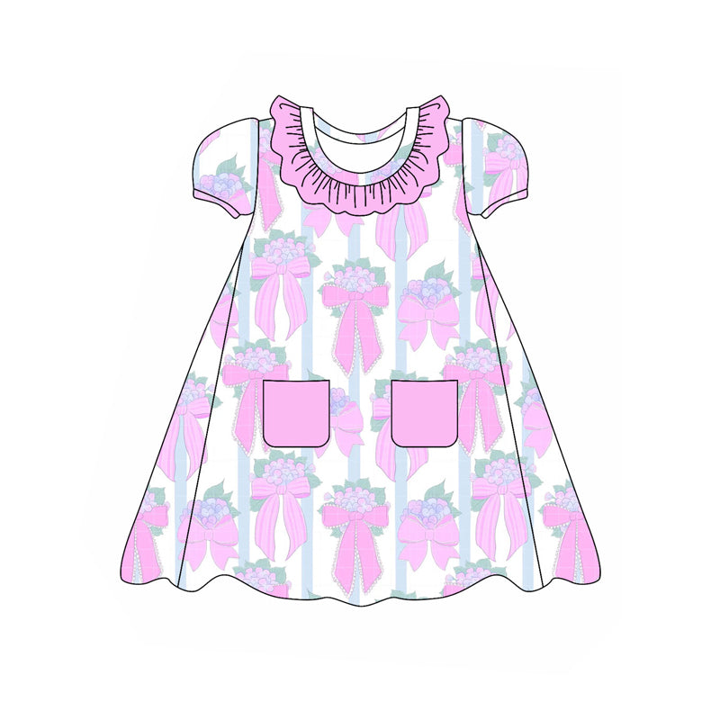 Pink ruffle short sleeves floral bow baby girls dresses