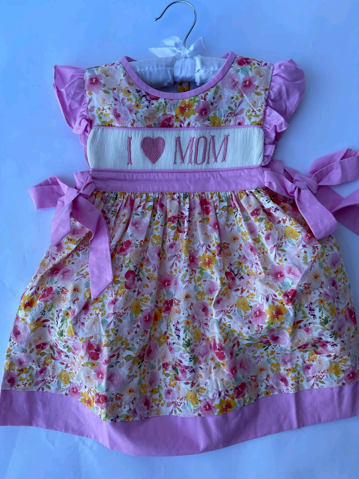 Pink flutter sleeves floral I love MOM baby girls dresses