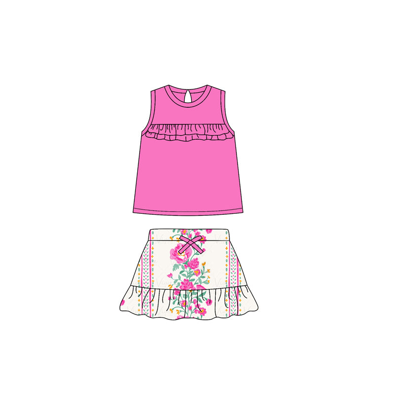 Pink ruffle top floral skirt kids girls summer clothes