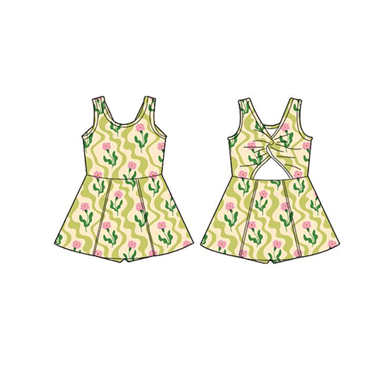 Sleeveless green pink floral kids girls athletic dresses