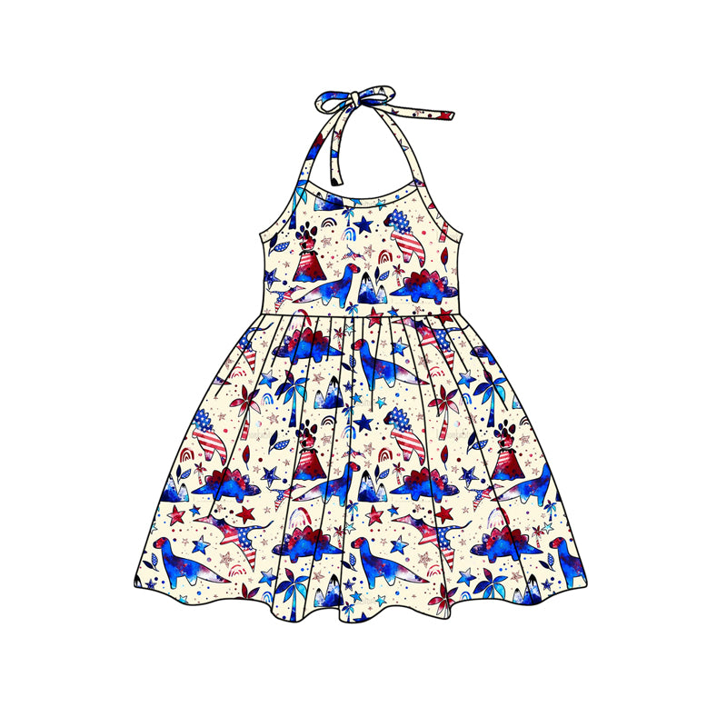 Red blue dinosaur kids girls 4th of july halter dresses