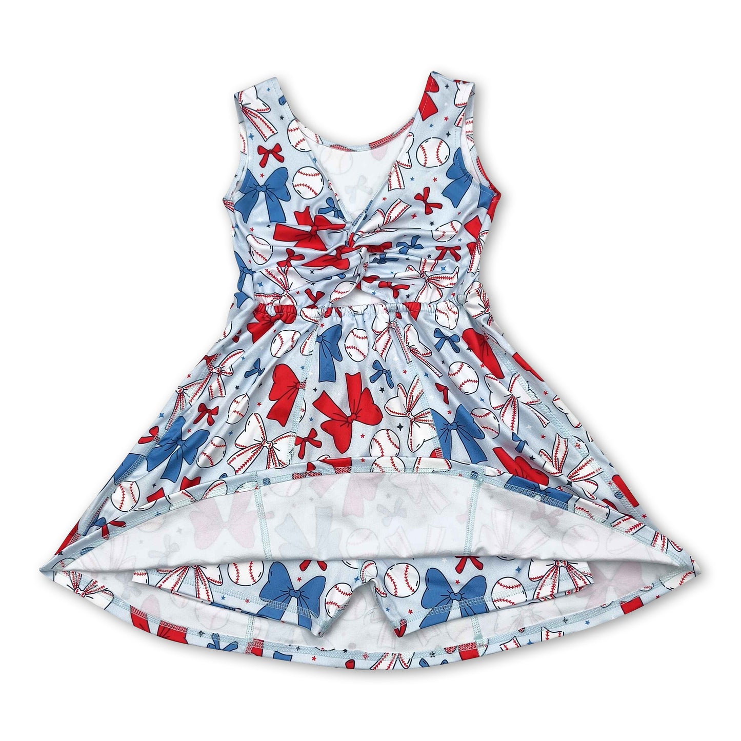 Sleeveless red blue bow baseball kids girls athletic dresses