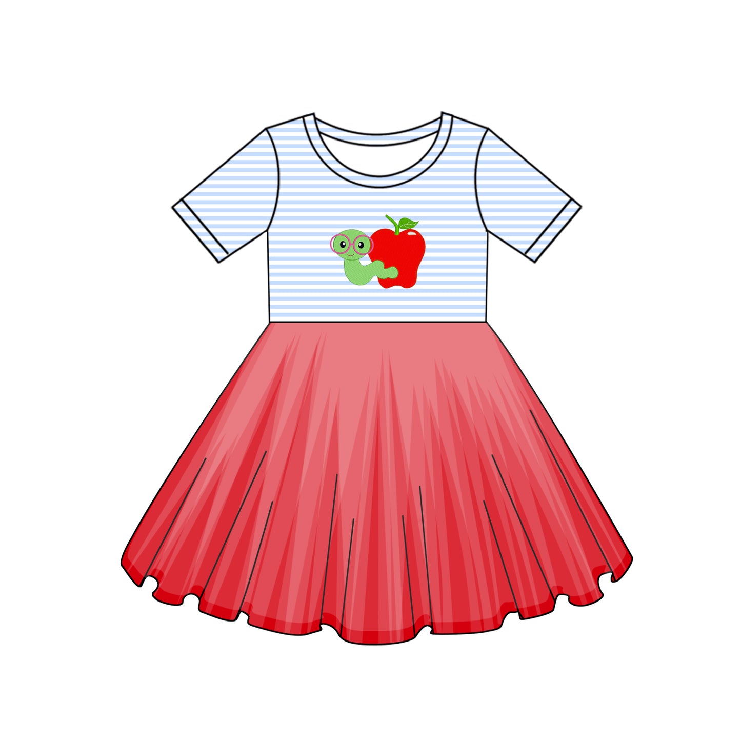 Stripe apple worm red tulle girls back to school dress