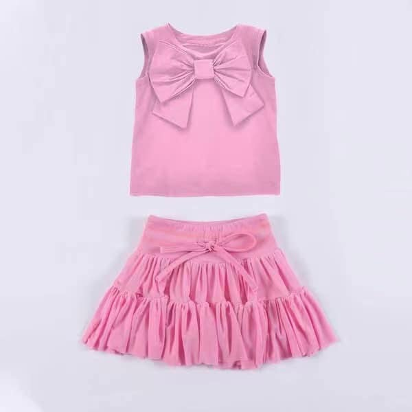 Pink sleeveless bow top ruffle skirt kids girls clothes
