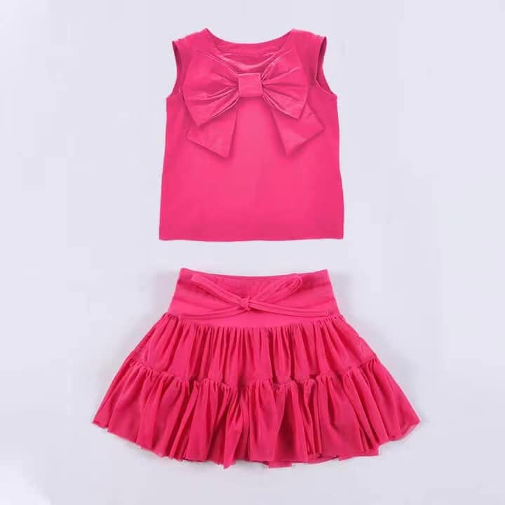 Hot pink bow cotton top ruffle skirt kids girls clothes
