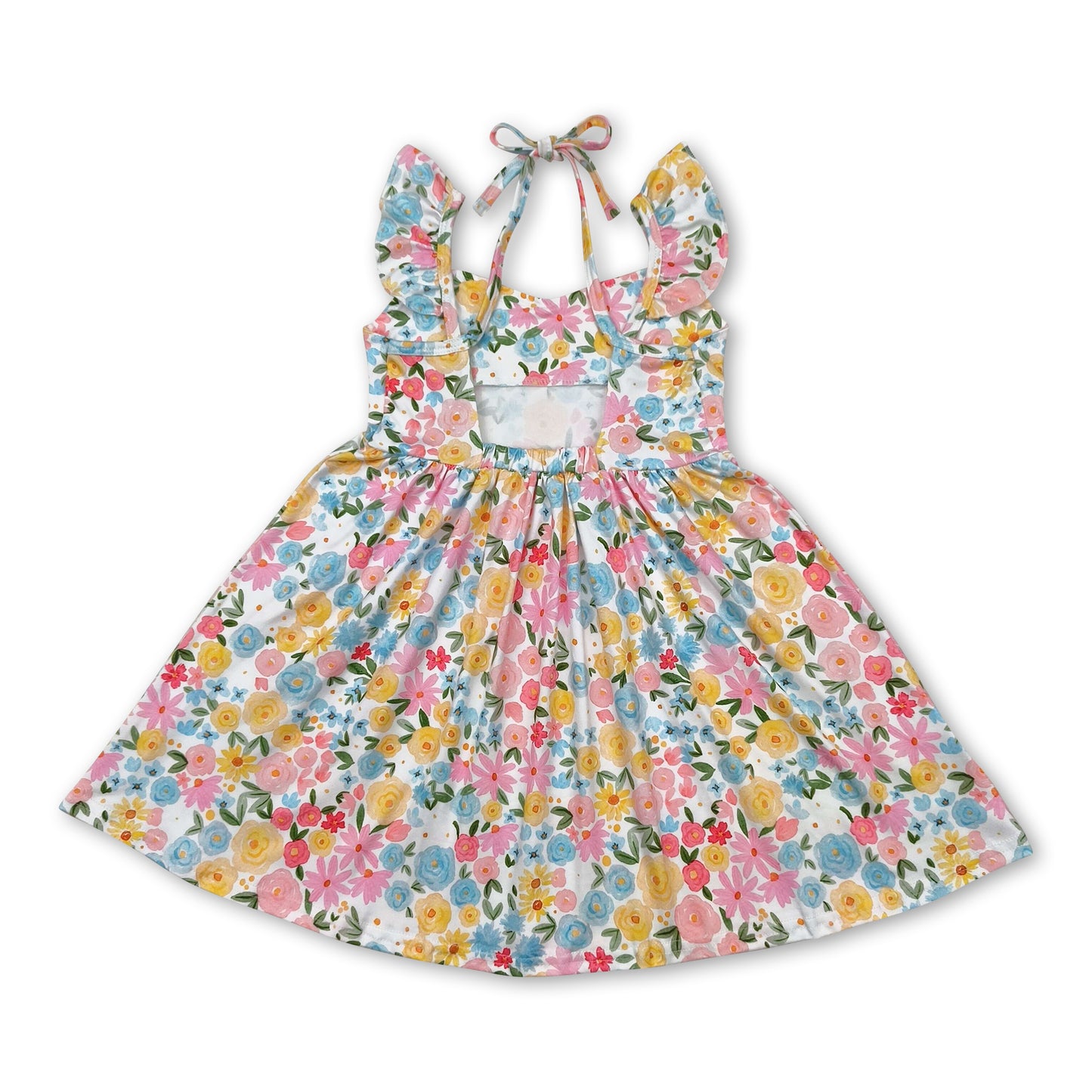 Flutter sleeves yellow floral backless kids girls dresses