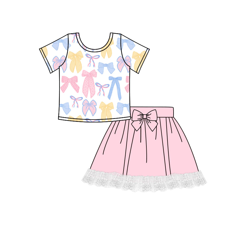 Short sleeves colorful bow pink skirt girls clothing set