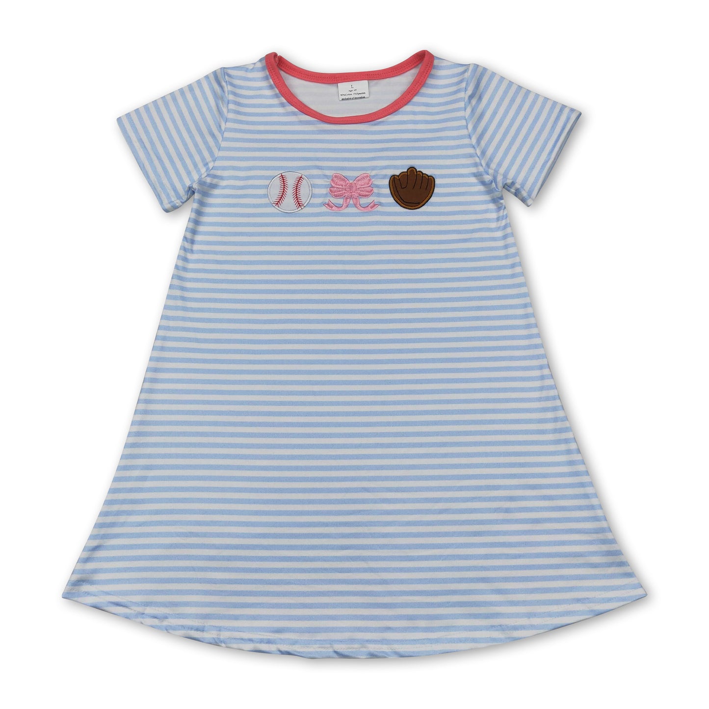 Light blue stripe baseball bow baby girls dresses