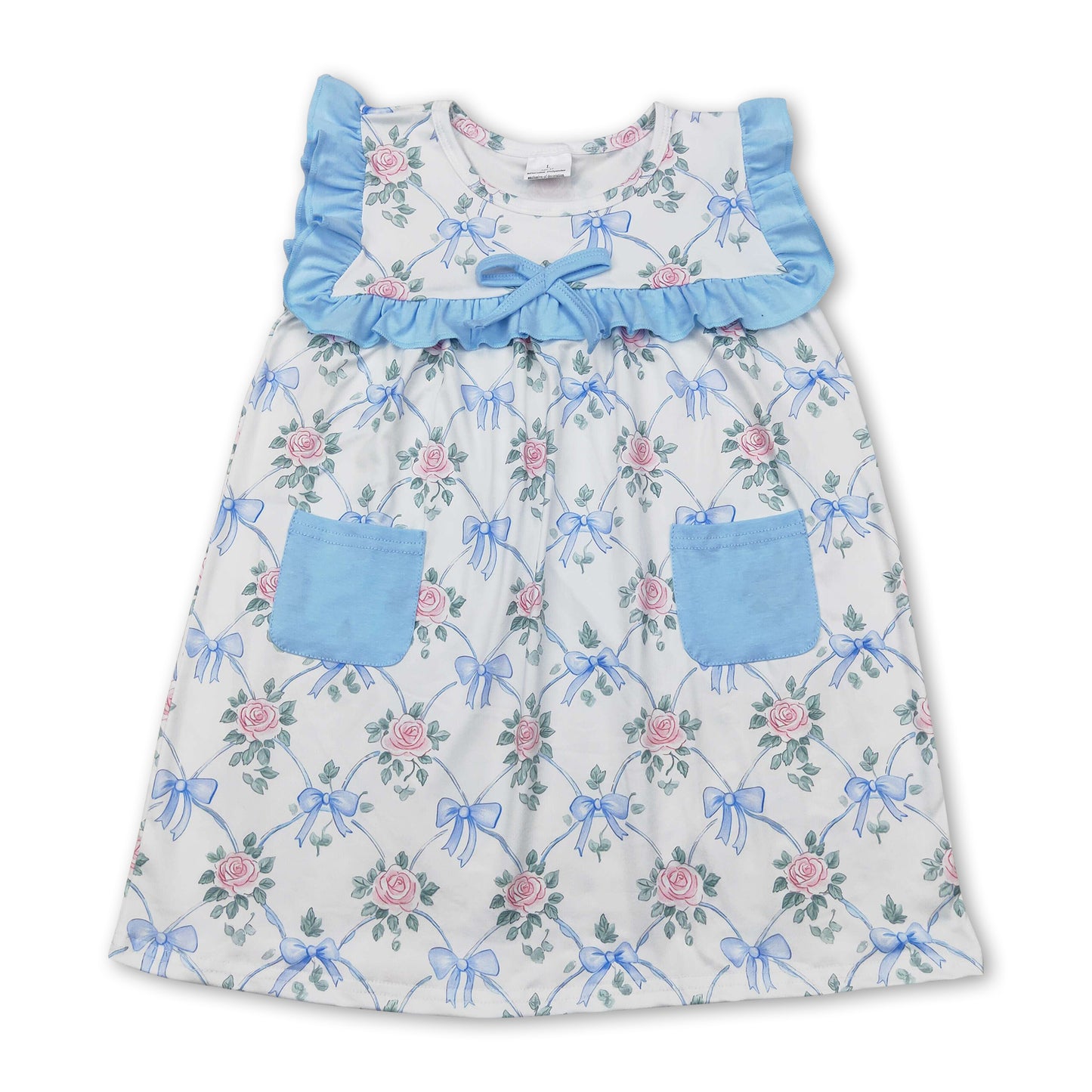 Light blue ruffle floral bow pockets baby girls dresses