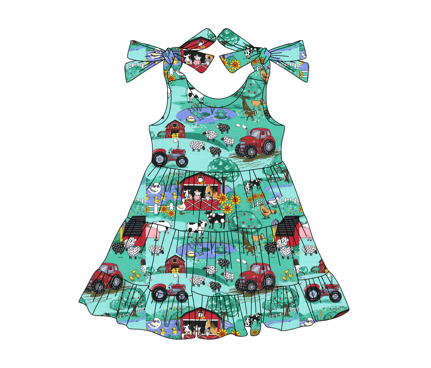 Straps cows tractors kids girls patchwork farm dresses