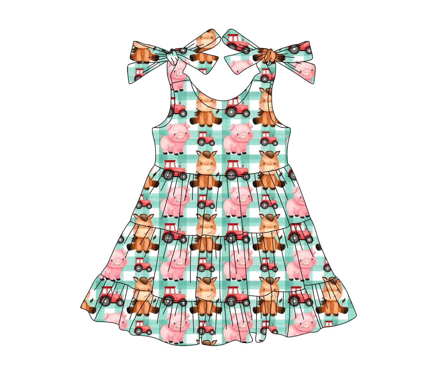 Green plaid straps pig tractors girls patchwork farm dress