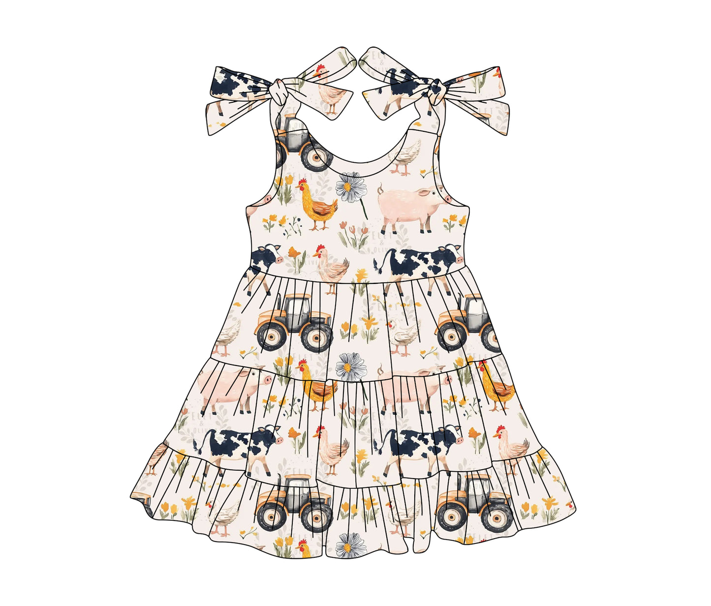Straps pig chicken cow girls patchwork farm dress