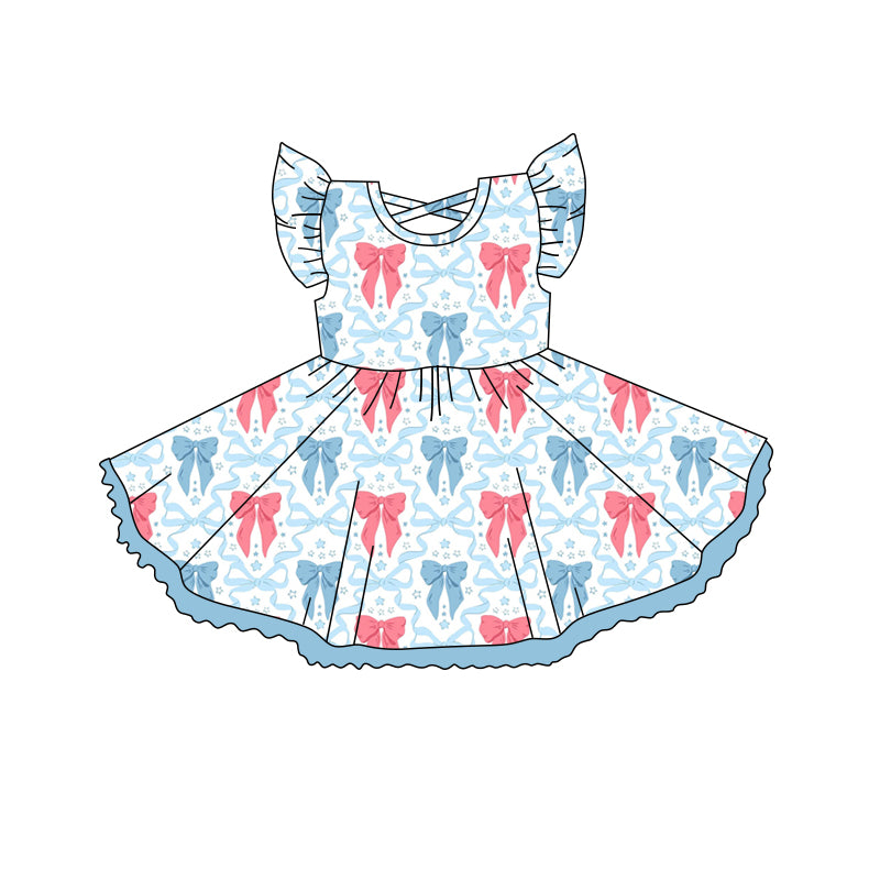 Flutter sleeves pink light blue bow kids girls summer dress