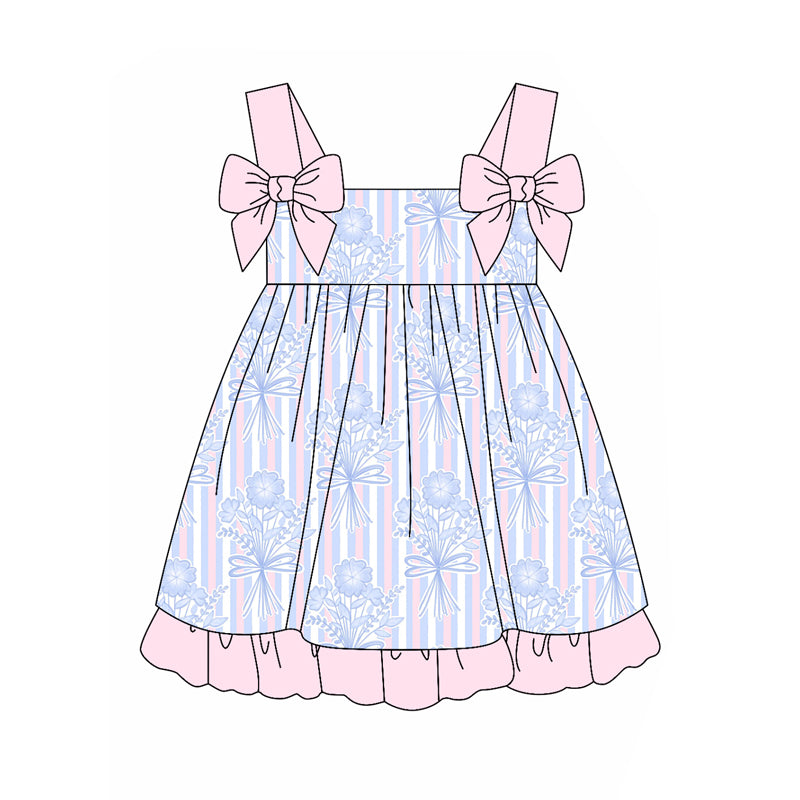 Straps stripe floral ruffle kids girls summer dress