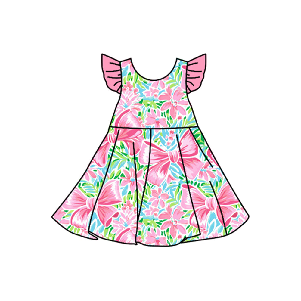 Pink flutter sleeves floral bow baby girls summer dress