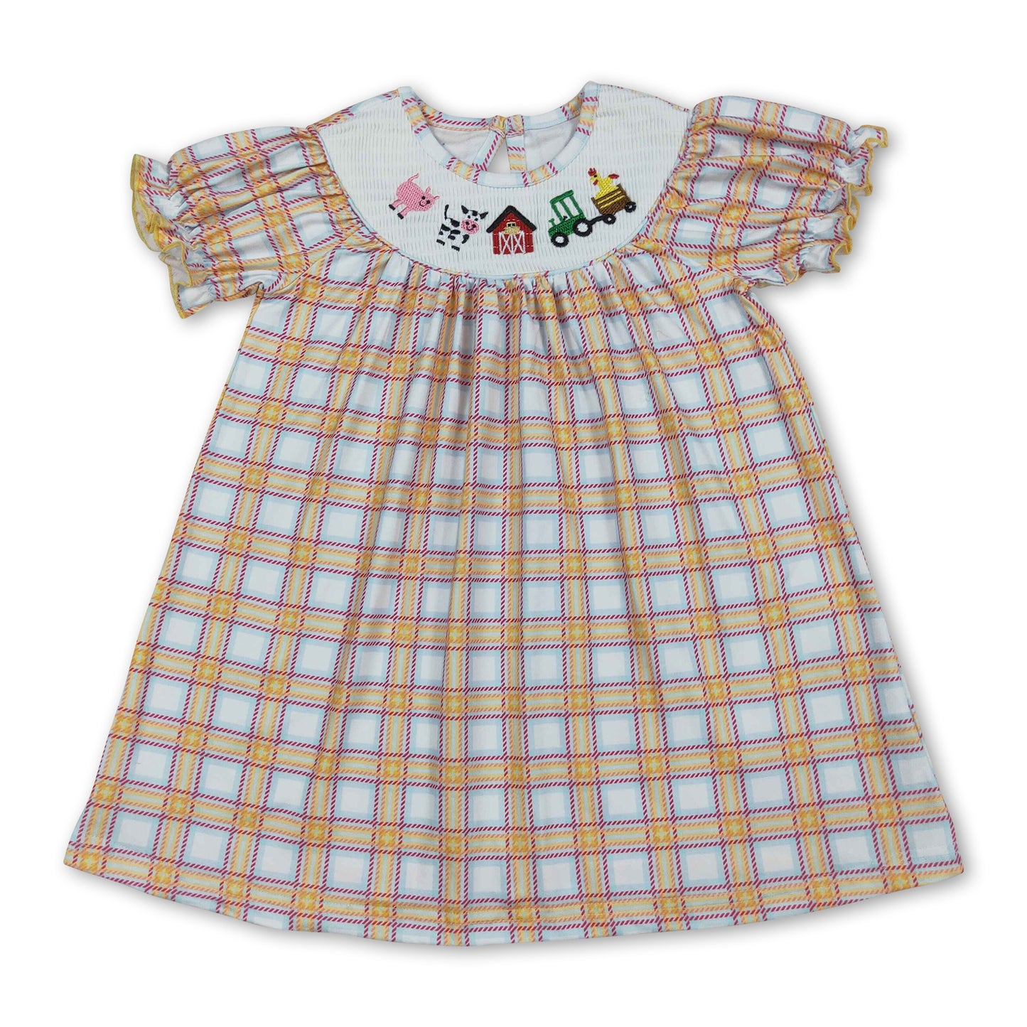 Cow tractor plaid short sleeves farm girls dresses