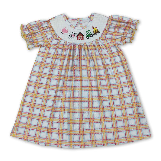 Cow tractor plaid short sleeves farm girls dresses
