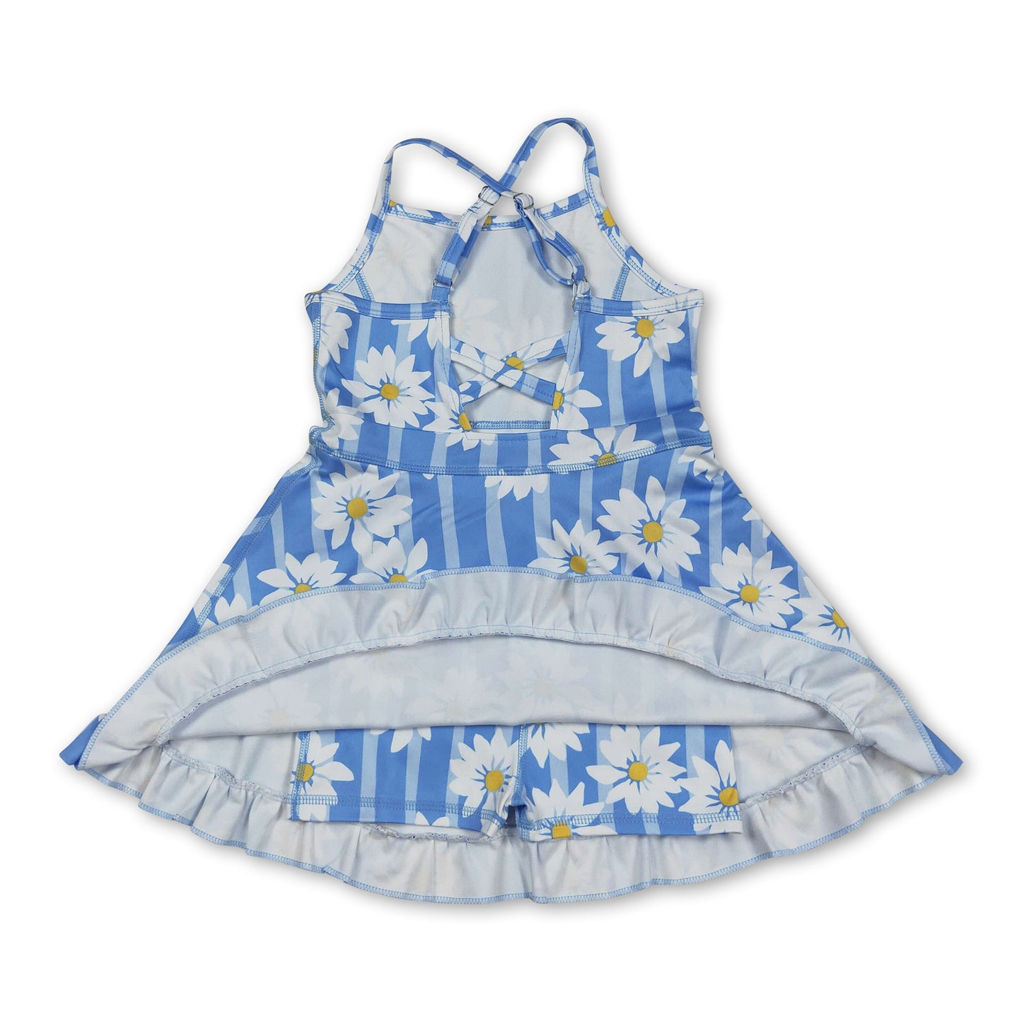 Straps blue white floral ruffle kids girls athletic dresses