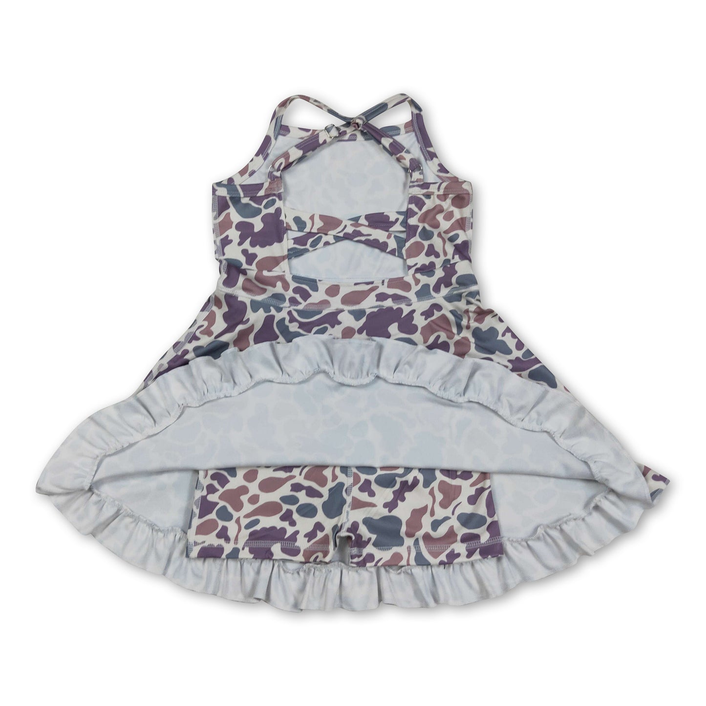 Purple camo straps ruffle girls athletic dress
