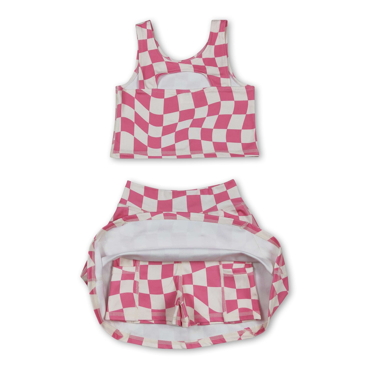 Sleeveless pink plaid top skirt kids girls active wear set