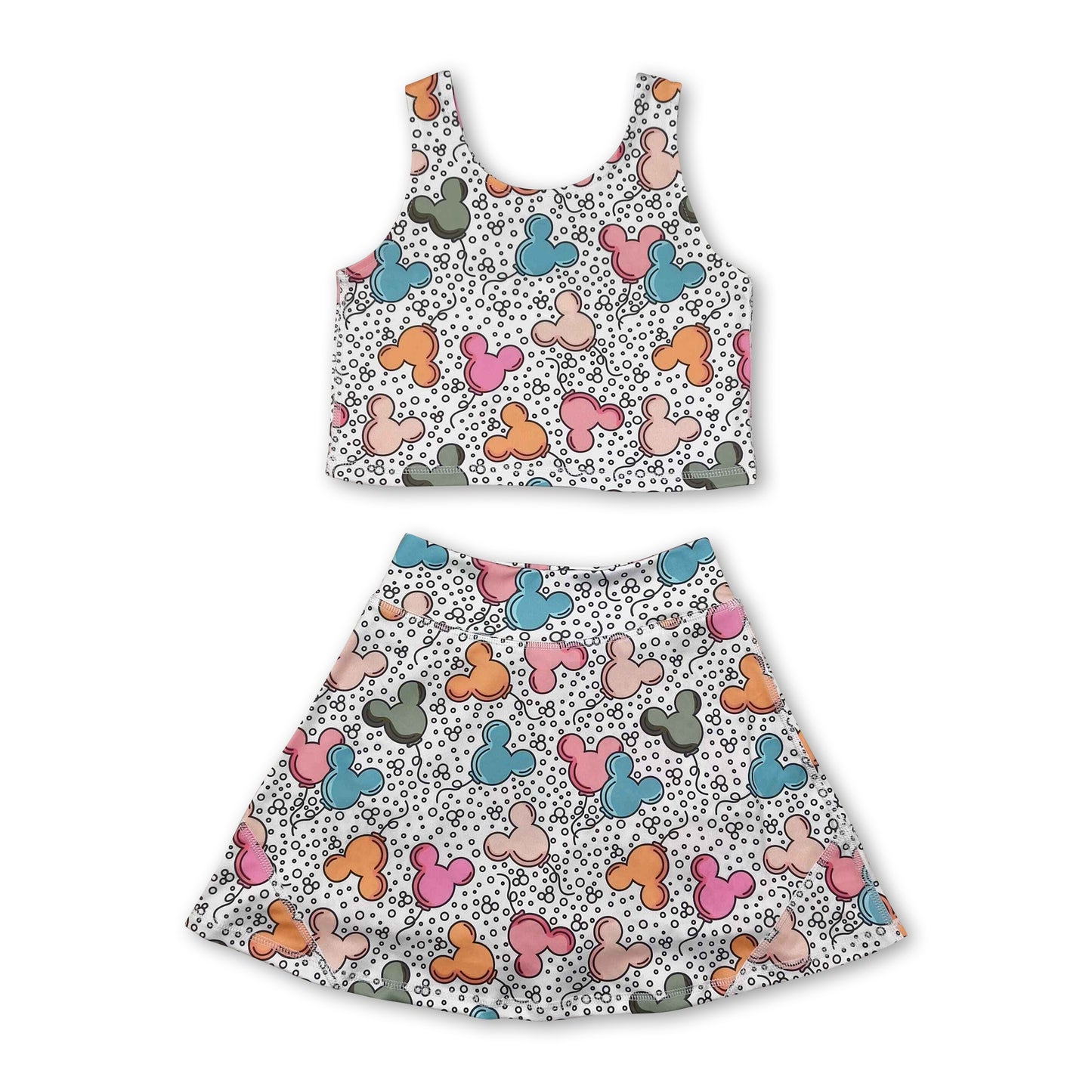 Sleeveless mouse balloon top skirt kids girls active wear set