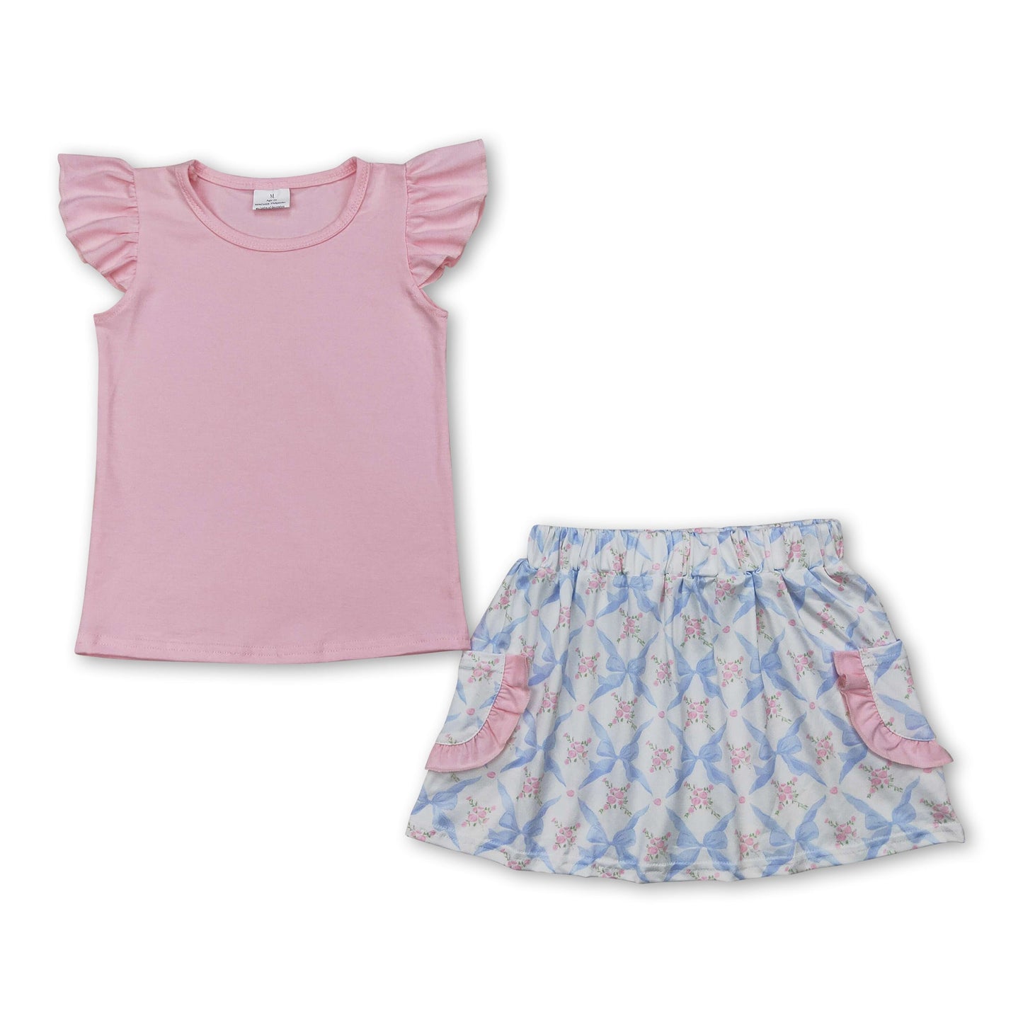 Pink flutter sleeves top bow floral skirt kids girls clothes