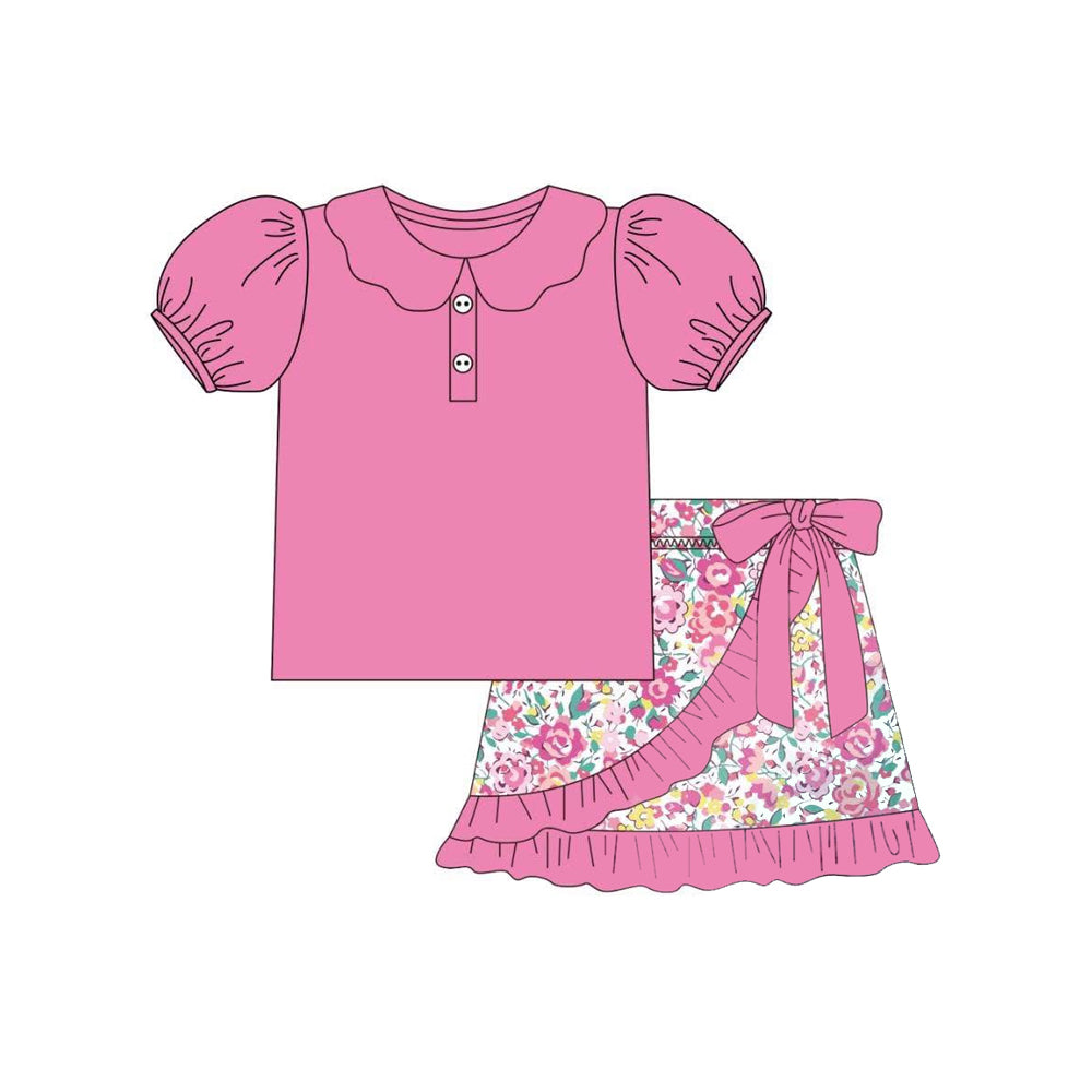 Pink short sleeves top floral ruffle skirt girls clothing set