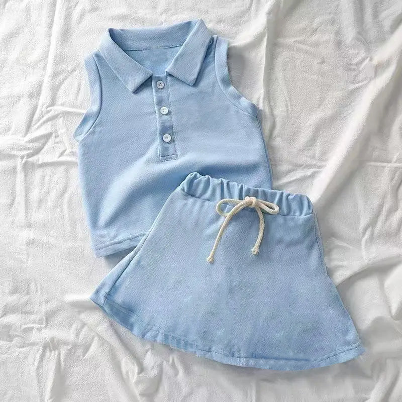 Light blue sleeveless polo shirt skirt girls activewear set