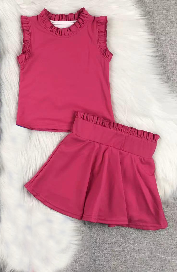 Hot pink sleeveless ruffle top skirt girls activewear set