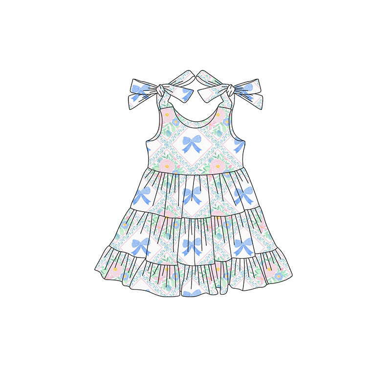 Light blue bow floral patchwork kids girls dresses