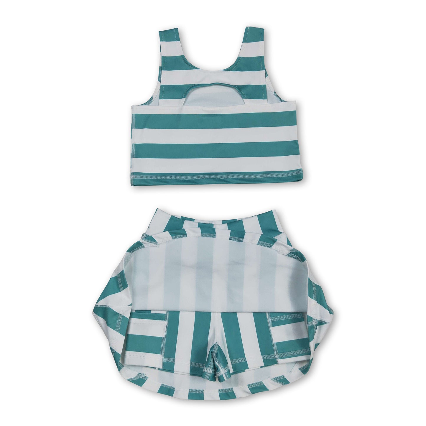 Sleeveless green stripe top skirt kids girls activewear set