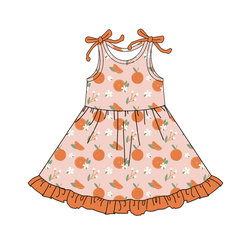 Sleeveless orange floral ruffle kids girls dresses