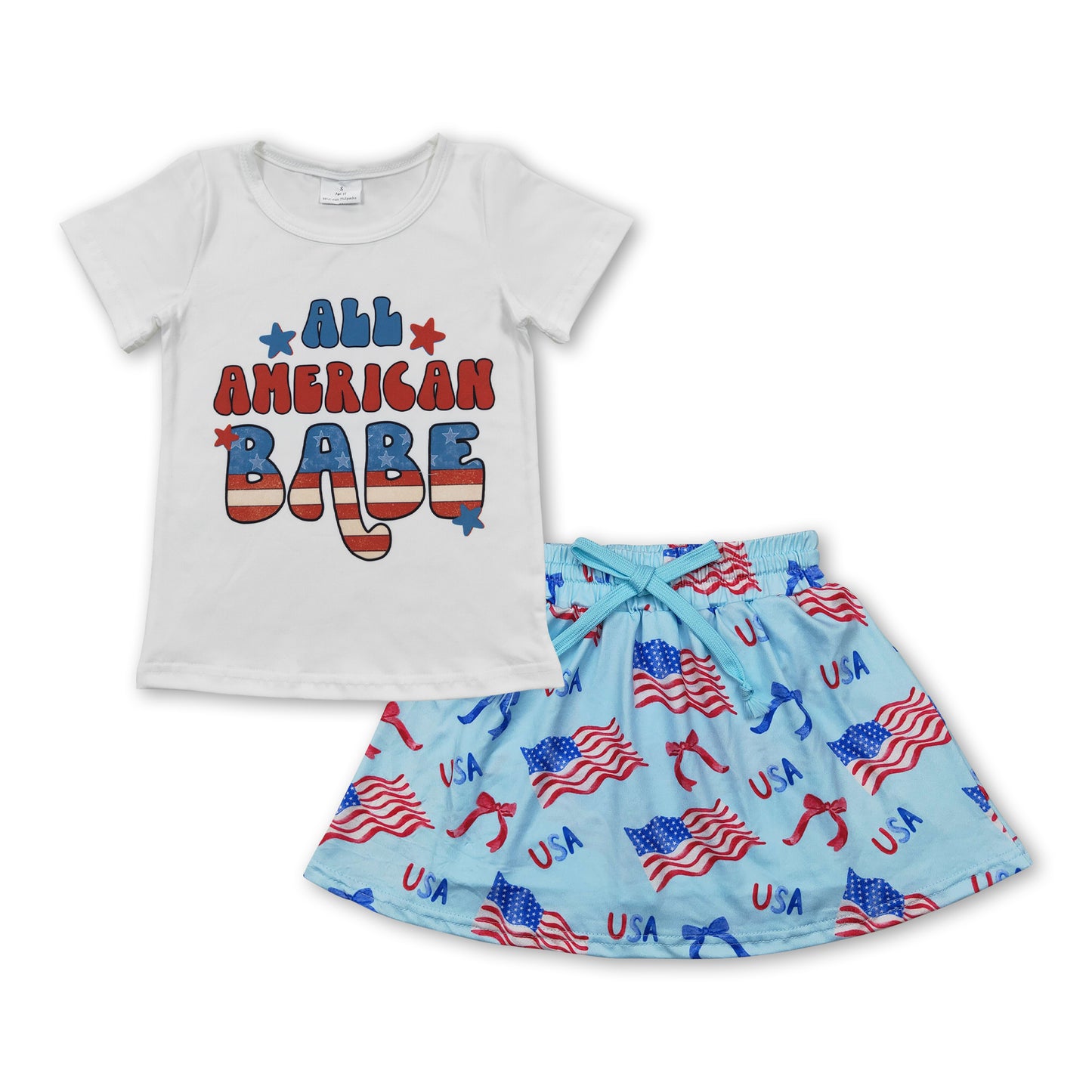 All American babe top flag bow skirt girls 4th of july set