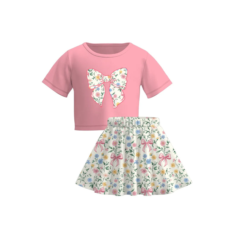 Pink short sleeves bow top floral skirt girls clothes