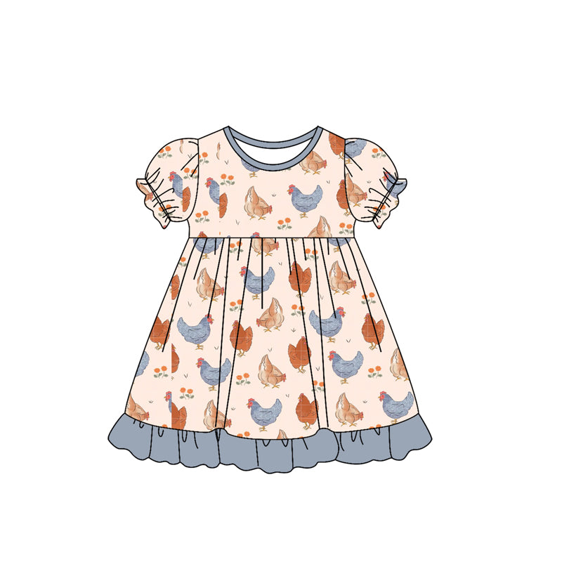 Short sleeves chicken floral ruffle kids girls dresses