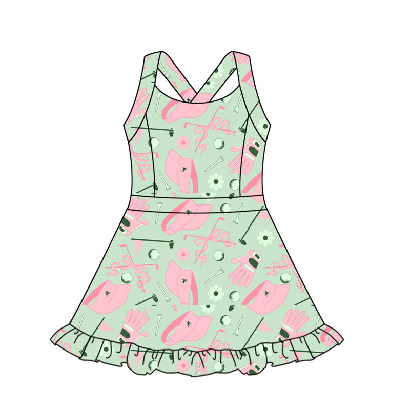 Straps green pink bow golf girls summer athletic dress