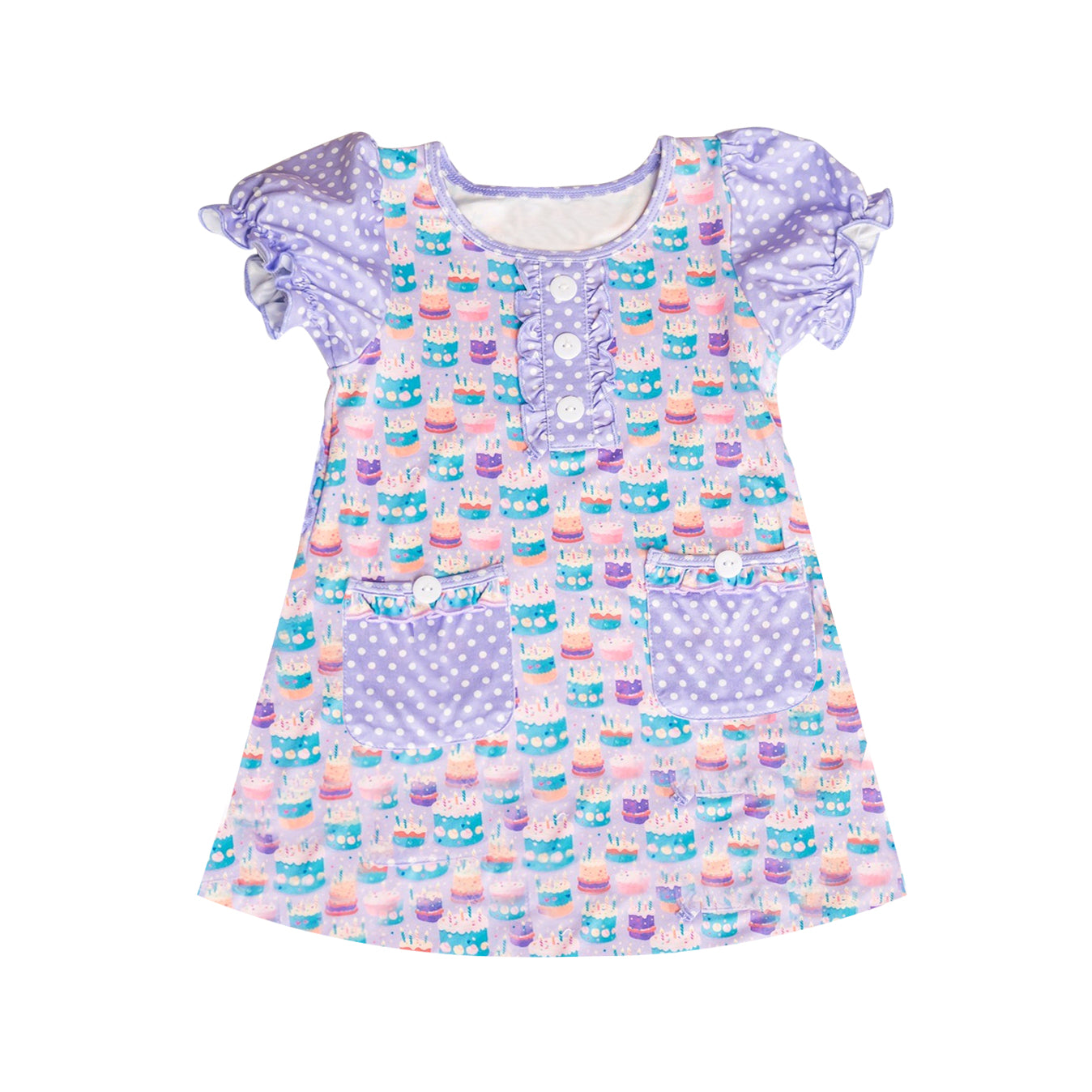 Lavender polka dots short sleeves cake Happy Birthday girls dress