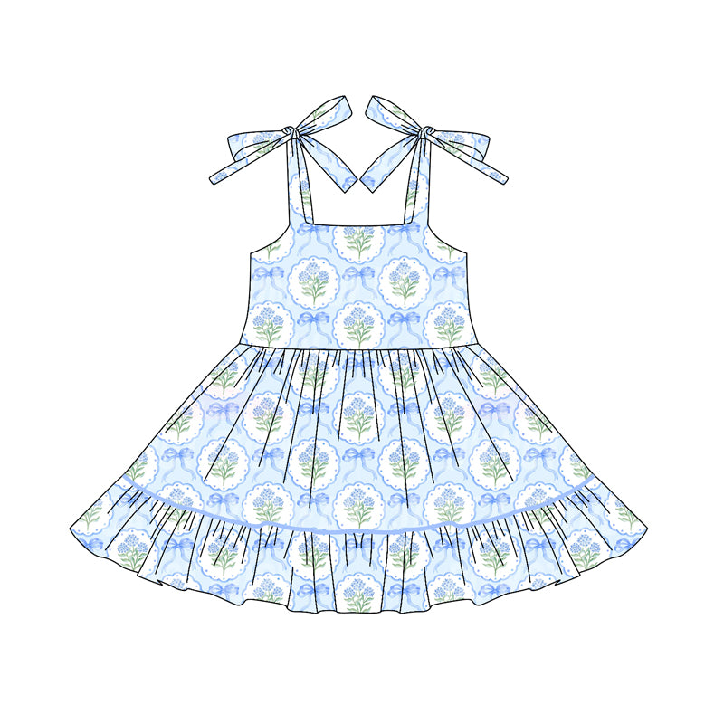 Straps blue bow floral ruffle kids girls dresses